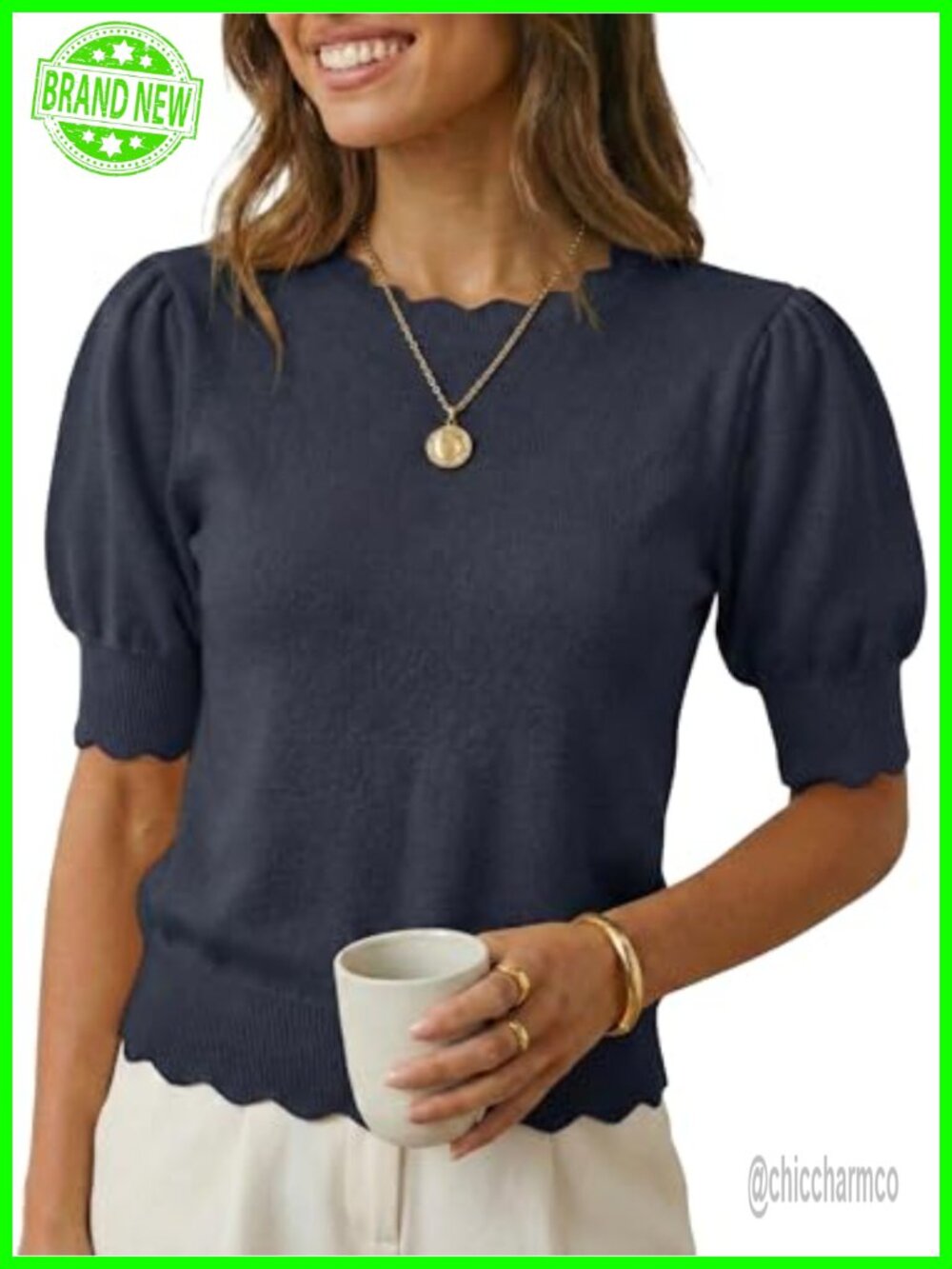 Women Short Sleeve Sweater Scalloped Crewneck Puff Sleeve Knit Pullover Top